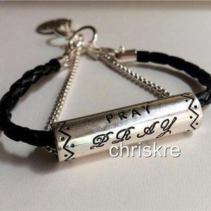 PRAY Message Bracelet Prayer Leather Black Faith Inspirational 8" Silver Plated